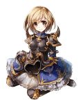  1girl armor armored_boots armored_dress black_armor blonde_hair blush dark_fencer_(granblue_fantasy) dress gauntlets gita_(granblue_fantasy) granblue_fantasy headwear_removed helmet helmet_removed horned_helmet horns looking_away looking_to_the_side miyase_mahiro pauldrons short_hair simple_background sitting smile solo spikes wariza white_background yellow_eyes 