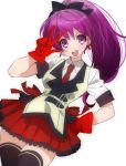  1girl alternate_hairstyle asamiya_athena black_legwear bow cowboy_shot earrings gloves hair_bow hand_on_hip highres hohehohe jewelry king_of_fighters long_hair ponytail purple_hair red_gloves school_uniform skirt smile solo thigh-highs v violet_eyes zettai_ryouiki 