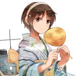  1girl brown_eyes brown_hair fan hairband itomugi-kun japanese_clothes kantai_collection kimono natori_(kantai_collection) short_hair smile yukata 