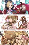  3girls :d :p ;d armlet bare_shoulders basket bat_wings bear black_ribbon blonde_hair blue_rose bow bracelet breasts brown_eyes brown_hair candy cape character_doll doughnut earrings facepaint fang_necklace feathers fire flower flower_bracelet food granblue_fantasy green_eyes grey_background hair_feathers hair_flower hair_ornament hair_over_one_eye hat holding hood idolmaster idolmaster_cinderella_girls jewelry jougasaki_mika jougasaki_rika large_breasts leaf lollipop long_hair long_sleeves mimura_kanako mizuki_makoto multiple_girls necklace one_eye_closed open_mouth pink_eyes polearm ribbon rose shirasaka_koume short_hair skull sleeves_past_wrists smile sparkle spear staff stuffed_animal stuffed_toy swirl_lollipop teddy_bear tiger_print tongue tongue_out torn_clothes twitter_username two_side_up upper_body weapon wings 