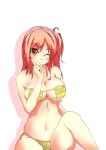  1girl ;) bare_shoulders bikini blush breasts brown_eyes cleavage dead_or_alive dead_or_alive_5 highres honoka_(doa) kenagehanage large_breasts long_hair one_eye_closed one_side_up pink_hair plump side-tie_bikini smile solo strapless_bikini swimsuit under_boob yellow_bikini 