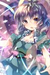  1girl blue_dress blue_eyes blue_hair blurry blush breasts cleavage dress flower hair_ornament hair_rings hair_stick highres kaku_seiga looking_at_viewer open_mouth puffy_sleeves shawl short_hair short_sleeves smile solo sweetroad touhou vest 