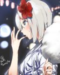  1girl blue_eyes blush commentary_request cotton_candy finger_to_mouth flower food hair_flower hair_ornament hairclip hamakaze_(kantai_collection) japanese_clothes kantai_collection kimono short_hair silver_hair solo twitter_username yakitomeito yukata 