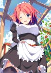  1girl black_legwear blush breasts from_below hateno-yukimi looking_at_viewer looking_down maid one_eye_closed original skirt skirt_basket skirt_hold sky smile solo thigh-highs 