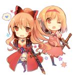  2girls :d ;d arm_up bangs belt black_bow blonde_hair boots bow breasts brown_boots chibi cleavage dress fighter_(granblue_fantasy) gauntlets gita_(granblue_fantasy) granblue_fantasy hair_bow hairband hands_on_own_cheeks hands_on_own_face heart kirero leg_up long_hair multiple_girls one_eye_closed open_mouth pink_dress puffy_short_sleeves puffy_sleeves purple_ribbon red_eyes ribbon sheath sheathed short_hair short_sleeves simple_background smile standing_on_one_leg star sword thought_bubble vila weapon white_background 