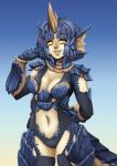  1girl arm_behind_back barbariank blue_hair breasts center_opening cleavage dark_skin dragon_girl horn monster_girl navel pointy_ears scales short_hair slit_pupils smile solo tail thigh-highs yellow_eyes 