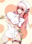  1girl blush bon_sai breasts commentary_request female hat headphones large_breasts long_hair looking_at_viewer navel nitroplus nurse nurse_cap open_mouth pink_hair red_eyes smile solo super_sonico syringe thigh-highs 