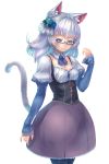  1girl animal_ears blue-framed_glasses blue_eyes cat_ears cat_tail detached_collar flower glasses hair_flower hair_ornament highres kuro_mochi looking_at_viewer original pantyhose ribbed_legwear semi-rimless_glasses short_hair silver_hair skirt sleeves_past_wrists smile solo tail under-rim_glasses underbust white_background 