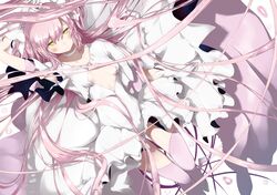  1girl bow center_opening dress gloves goddess_madoka hair_bow hair_ribbon highres kaname_madoka long_hair mahou_shoujo_madoka_magica pink_hair ribbon smile solo spoilers tandemu thigh-highs twintails two_side_up wings yellow_eyes 