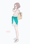  1girl absurdres bag clothes_around_waist cup dress drinking_straw highres miri_nanase original profile shoes short_hair sneakers sweater_around_waist 