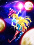  1girl aichi_genjin american_flag_legwear american_flag_shirt blonde_hair clownpiece fairy_wings grin hand_on_hip hat highres jester_cap long_hair looking_back moon pantyhose red_eyes smile solo space star star_(sky) striped torch touhou very_long_hair wings 