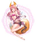  1girl aile_(crossroads) animal_ears barefoot bra breasts caster_(fate/extra) fate/extra fate_(series) fox_ears fox_tail highres large_breasts long_hair looking_at_viewer miniskirt off_shoulder one_eye_closed open_clothes open_mouth open_shirt panties pink_bra pink_hair shirt single_thighhigh skirt smile solo strap_slip tail thigh-highs thighhigh_dangle underwear unzipped yellow_eyes 