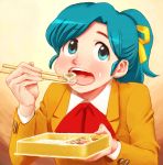  1girl chopsticks eating food food_on_face green_hair hair_ribbon high_school!_kimengumi lafolie long_hair obentou open_mouth ponytail ribbon rice rice_on_face shuumai solo uru_chie 