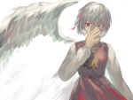  1girl ascot dress hand_on_own_face highres kishin_sagume long_sleeves nail_polish nazoko red_eyes short_hair silver_hair simple_background single_wing solo touhou upper_body white_background wings 