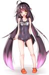  1girl ahoge angry_num animal_ears black_hair blush character_name clothes_writing covered_navel dog_ears dog_tail fang full_body gradient_hair heterochromia highres long_hair looking_at_viewer low_twintails multicolored_hair original purple_hair rose_(angry_num) school_swimsuit standing swimsuit tail twintails very_long_hair 