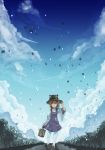  1girl anonamos blue_eyes blue_sky carrying clouds dress grass hair_ribbon hand_on_headwear hat highres light_particles long_sleeves looking_at_viewer moriya_suwako nature path petals pigeon-toed purple_dress ribbon road shadow short_dress sky smile solo suitcase thigh-highs touhou white_legwear wide_sleeves wind 