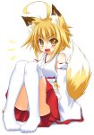  /\/\/\ ahoge animal_ears bare_shoulders blonde_hair detached_sleeves fang feet fox_ears fox_tail hakama japanese_clothes looking_at_viewer miko open_mouth original panties pantyshot simple_background sitting tabi tachi_yure tail thigh-highs underwear white_background white_legwear white_panties yellow_eyes 