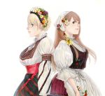  2girls axis_powers_hetalia blonde_hair blue_eyes breasts brown_hair flower green_eyes hair_flower hair_ornament hairband headdress hungary_(hetalia) long_hair looking_at_viewer multiple_girls pompa_(pompadourer) short_hair smile tears traditional_clothes ukraine_(hetalia) white_background 