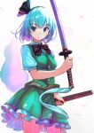  1girl holding_sword holding_weapon katana konpaku_youmu ribbon short_hair silver_hair solo sword touhou violet_eyes weapon yoshitake 