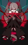  1girl alternate_color bare_shoulders detached_sleeves grey_hair hatsune_miku highres long_hair looking_at_viewer nail_polish necktie ponita red_eyes red_nails ribbon sleeveless solo twintails very_long_hair vocaloid 