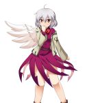  1girl blush bowtie commentary covering_mouth dress highres jacket kishin_sagume mono_(mono60) red_eyes shy silver_hair single_wing solo touhou wings 