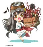  1girl aoshima_megu black_hair breasts brown_eyes bucket chibi clam crustacean diving_mask diving_mask_on_head dress hair_ornament hamaguchi_yoshihiro long_hair mascot sandals sash seiza sidelocks sitting solo 