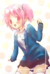  1girl cosplay crossover female hooded_jacket kamen_rider kamen_rider_gaim_(series) kaname_madoka mahou_shoujo_madoka_magica open_mouth pink_eyes pink_hair short_twintails skirt smile solo twintails 