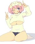  +_+ 1girl :q absurdres blue_eyes blush bow breasts buruma commentary_request double_v hair_bow hibari_(senran_kagura) highres kurumi_(hasumi) large_breasts looking_at_viewer one_eye_closed open-chest_sweater pink_hair ribbon senran_kagura senran_kagura_(series) short_hair short_twintails smile solo sweater symbol-shaped_pupils tongue tongue_out twintails under_boob v 