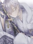  1boy flower gloves iz_(iz_tl) japanese_clothes silver_hair smile solo sword touken_ranbu tsurumaru_kuninaga weapon 