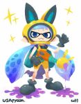  1girl 33333_33333 :3 ankle_boots artist_name bangs black_gloves blunt_bangs boots commentary_request crossover domino_mask energy_gun gloves inkling mask paint_splatter pointing pointing_at_self pointy_ears ray_gun sparkle splatoon unitard usapyon usapyon_(cosplay) weapon youkai_watch 