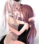  2girls angry_num animal_ears blue_eyes blush brown_hair eye_contact feena_(angry_num) from_side girl_on_top highres hug incipient_kiss long_hair looking_at_another maria_(angry_num) multiple_girls open_mouth original ponytail profile silver_hair sitting tail violet_eyes yuri 