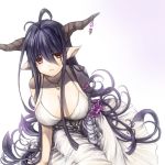  1girl antenna_hair bandaged_arm bandages bangs bare_shoulders between_legs breasts cleavage danua dress frown granblue_fantasy hair_between_eyes hato_(pixiv2253973) horn_ornament horns jewelry large_breasts long_hair necklace pink_eyes pointy_ears purple_hair simple_background solo very_long_hair white_background white_dress 