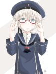  1girl bespectacled blue_eyes blush bun-ya_(0874cirno141) glasses hat highres kantai_collection looking_at_viewer military military_uniform neckerchief open_mouth red-framed_glasses sailor_collar sailor_dress sailor_hat short_hair silver_hair solo uniform upper_body z1_leberecht_maass_(kantai_collection) 