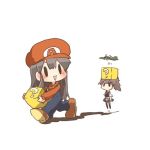  2girls ?_block airplane akagi_(kantai_collection) black_eyes black_hair blush box brown_hair carrying chibi hat jumper jumping kaga_(kantai_collection) kantai_collection long_hair lowres mario mario_(cosplay) super_mario_bros. multiple_girls open_mouth rebecca_(keinelove) short_hair side_ponytail smile solid_oval_eyes super_mario_bros. 