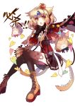  1girl 2015 :o animal_ears athria black_bow black_gloves black_legwear black_skirt blonde_hair boots bow braid cat cat_ears cat_tail cross-laced_footwear crown dated elsword eve_(elsword) forehead_jewel gloves heart highres kemonomimi_mode lace-up_boots mini_crown multiple_tails short_hair signature skirt solo tail thigh-highs white_background yellow_eyes 