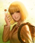  1girl blonde_hair bottle brown_eyes grin looking_at_viewer midorikawa_hana prison_school school_uniform short_hair smile solo speh 