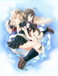  2girls ahoge black_hair blonde_hair blue_eyes braid fuma gloves hair_ornament hair_ribbon hairclip kantai_collection long_hair multiple_girls remodel_(kantai_collection) ribbon school_uniform serafuku shigure_(kantai_collection) skirt smile yuudachi_(kantai_collection) 