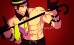  1boy abs brown_hair detached_collar english gloves half_gloves hat highres hohehohe king_of_fighters kusanagi_kyou male_focus muscle necktie red_background shirtless solo yellow_eyes 