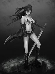  1girl bikini_top black_rock_shooter black_rock_shooter_(character) boots breasts gloves glowing glowing_eye greyscale jacket_off_shoulders knee_boots liu_guniang monochrome navel short_shorts shorts sketch solo stitches sword weapon 