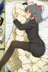  1girl alternate_costume beer_can black_hair black_skirt blanket blanket_hug blush bottle bow can contemporary cookie_(touhou) food formal futon hair_bow hair_tubes hakurei_reimu long_sleeves meis_(terameisu) office_lady pantyhose pillow sake_bottle sananana short_hair skirt skirt_suit sleeping solo suit touhou 