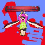  1girl aori_(splatoon) beanie bike_shorts black_hair brown_eyes con_(my0312) fangs hat holding jacket jumping long_hair long_sleeves looking_at_viewer mole mole_under_eye navel open_mouth paint_roller shirt_lift shoes sleeves_rolled_up sneakers solo splatoon tentacle_hair wind_lift 
