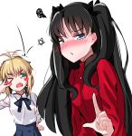  ahoge angry_num black_hair blonde_hair blouse blue_eyes blush blush_stickers embarrassed fate/stay_night fate_(series) green_eyes hair_ribbon hand_on_hip highres long_hair looking_at_viewer open_mouth pout ribbon saber star sweater tohsaka_rin toosaka_rin two_side_up v_over_eye 
