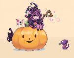  1girl blush_stickers cat cupcake fish_bone league_of_legends lulu_(league_of_legends) open_mouth pumpkin purple_hair purple_skin simple_background staff takotsu yellow_eyes yordle 