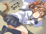 admiral_(kantai_collection) animal_ears artist_name brown_hair cat_ears cat_tail closed_eyes commentary_request darkside folded_ponytail inazuma_(kantai_collection) kantai_collection kemonomimi_mode kneehighs lap_pillow lying on_side school_uniform serafuku skirt sleeping tail 