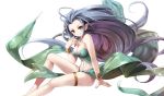  &gt;:) 1girl bare_arms bare_legs bare_shoulders blush bracer breasts collarbone floating_hair granblue_fantasy hand_on_own_face large_breasts lavender_hair long_hair miyase_mahiro navel orange_eyes pointy_ears simple_background sitting smile solo strapless thigh_strap tiamat_(granblue_fantasy) very_long_hair white_background 