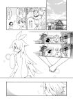  1boy 2girls ahoge comic greyscale hands_together houses monochrome multiple_girls original shorts sky t-shirt translated yukitubaki 