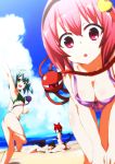  4girls amamitsu_kousuke animal_ears arm_up barefoot beach bent_over bikini bikini_top black_hair black_wings blue_sky blush bow braid cat_ears cat_tail closed_eyes clouds extra_ears eyeball green_eyes green_hair hair_bow hair_ornament hair_ribbon hairband heart kaenbyou_rin komeiji_koishi komeiji_satori looking_at_another looking_at_viewer lying midriff multiple_girls multiple_tails navel ocean on_side open_mouth panties pink_hair pointy_ears profile red_eyes redhead reiuji_utsuho ribbon sand siblings sisters sitting sky sleeping smile string swimsuit tail third_eye touhou twin_braids underwear wings 