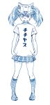  1girl alternate_costume bbb_(friskuser) clothes_writing flat_chest hat highres kantai_collection kneehighs long_hair looking_down monochrome open_mouth ryuujou_(kantai_collection) short_sleeves simple_background skirt socks standing t-shirt translated twintails visor_cap white_background 
