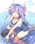  1girl :d blue_hair blush breasts cleavage fang hair_ribbon i-19_(kantai_collection) kantai_collection one-piece_swimsuit open_mouth red_eyes ribbon school_swimsuit sitting smile solo swimsuit torpedo twintails twitter_username yakitomeito 