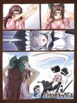  2girls :o black_gloves blue_eyes bodysuit breasts brown_eyes brown_hair cane cape cleavage clouds comic commentary_request falling forehead_protector gloves hachimaki hair_intakes hairband half_updo hands_on_own_head hat headband headgear holding japanese_clothes jintsuu_(kantai_collection) kantai_collection kimono long_hair long_sleeves mouth_hold multiple_girls ocean open_mouth rectangular_mouth remodel_(kantai_collection) ribbon shinkaisei-kan short_hair silver_hair sky sliced surprised teeth torpedo translation_request two_side_up utsurogi_angu wo-class_aircraft_carrier yukata 